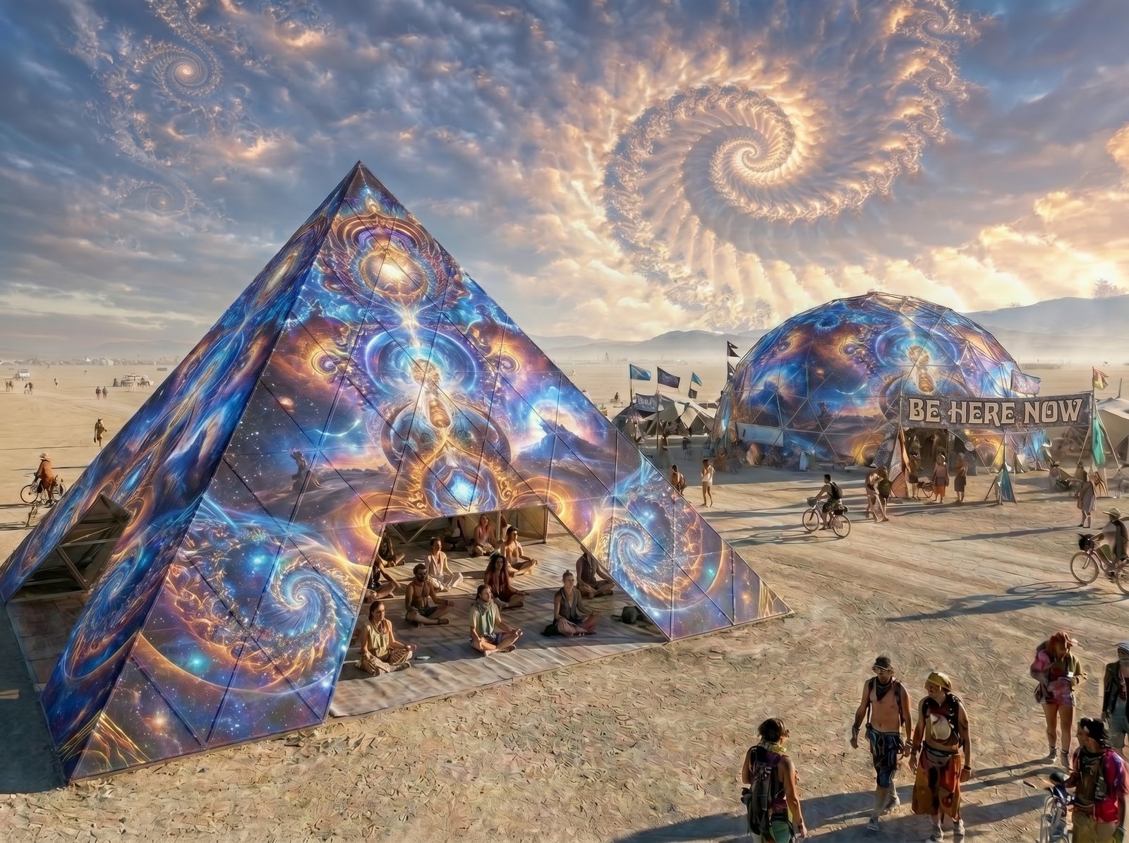 AnuPyramid at Burning Man — sacred geometry projection-mapped pyramid with meditators inside, fractal spiral sky, and Be Here Now camp dome